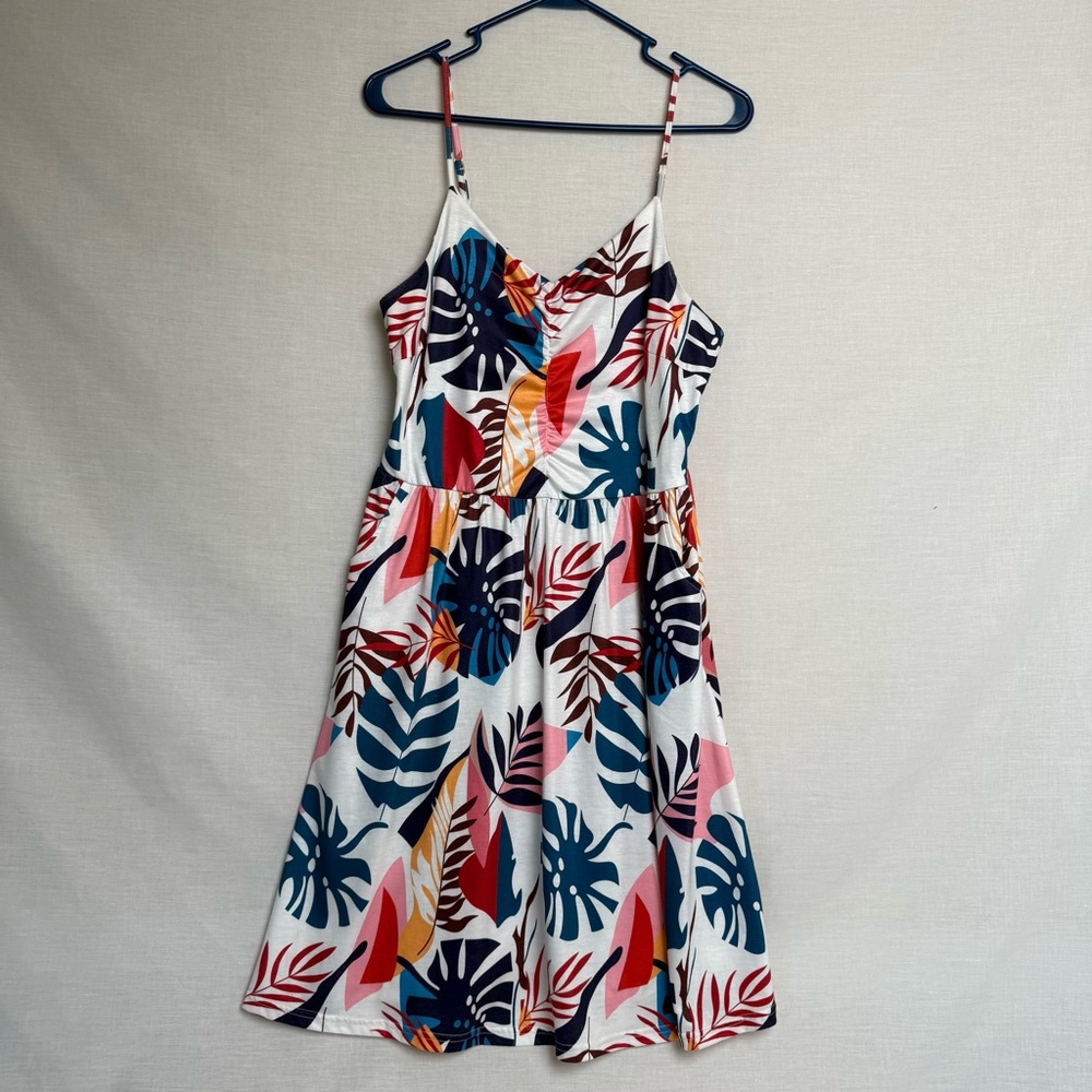 Yathon Women’s Sundress Size Large |  Tropical Leaf Print Dress With Pockets